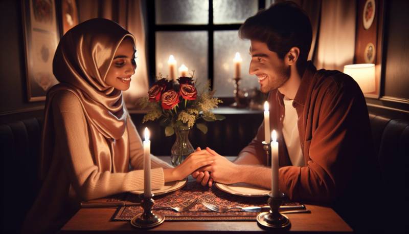 Ein romantisches Valentinstags-Dinner mit Kerzen und Rosen